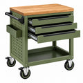 Chariot d'atelier 70 x 40 x 85 cm en acier vert avec plan de travail en bois et 3 tiroirs