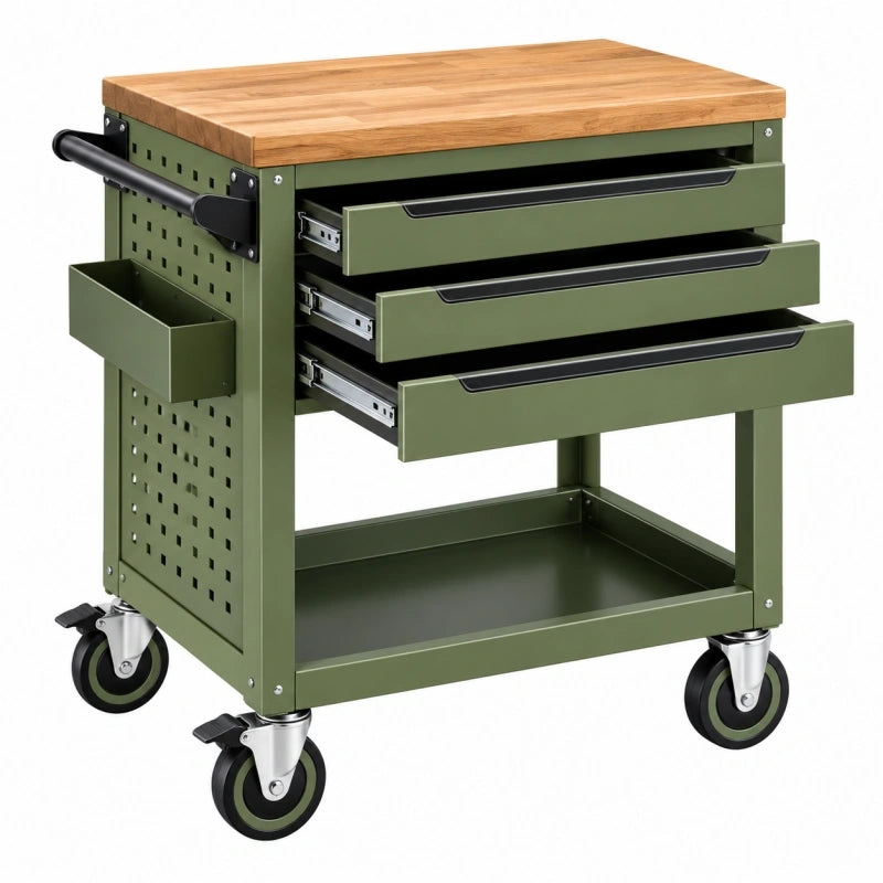 Chariot d'atelier 70 x 40 x 85 cm en acier vert avec plan de travail en bois et 3 tiroirs