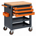 Desserte d'atelier 80 x 45 x 95 cm en acier noir et orange avec plateau en bois et 3 tiroirs