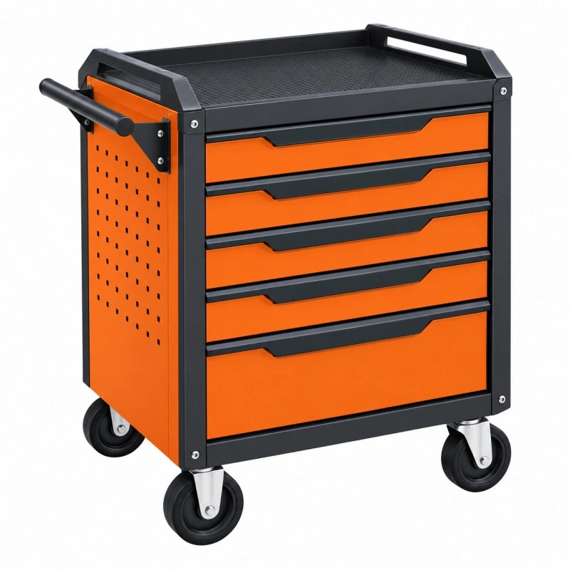 Chariot à outils 78 x 46 x 95 cm en acier orange et noir à 5 tiroirs mobile