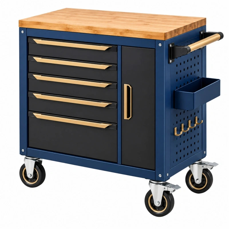 Servante d'atelier 72 x 46 x 95 cm en acier bleu et bois à roulettes avec 5 tiroirs