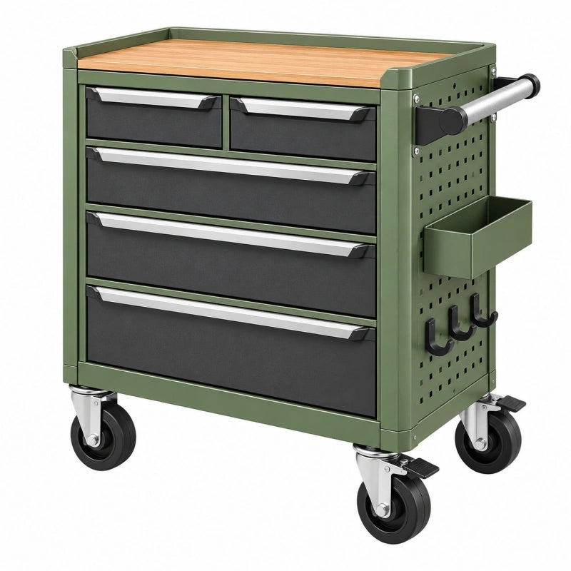Chariot d'atelier 78 x 46 x 92 cm en acier vert avec plateau en bois et 5 tiroirs mobile
