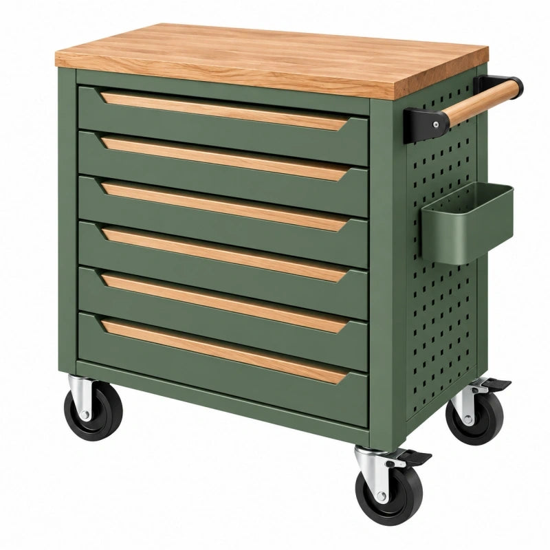 Servante d atelier 75 x 46 x 88 cm en acier vert avec plateau en bois et 6 tiroirs