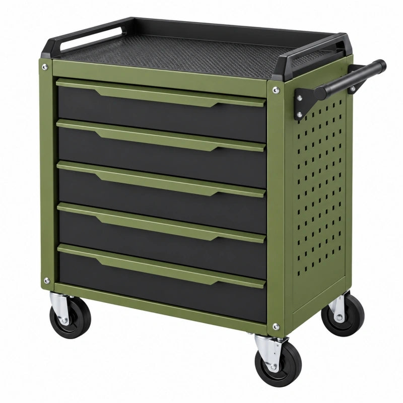 Chariot d'atelier 78 x 46 x 97 cm en acier vert et noir avec 5 tiroirs sur roulettes
