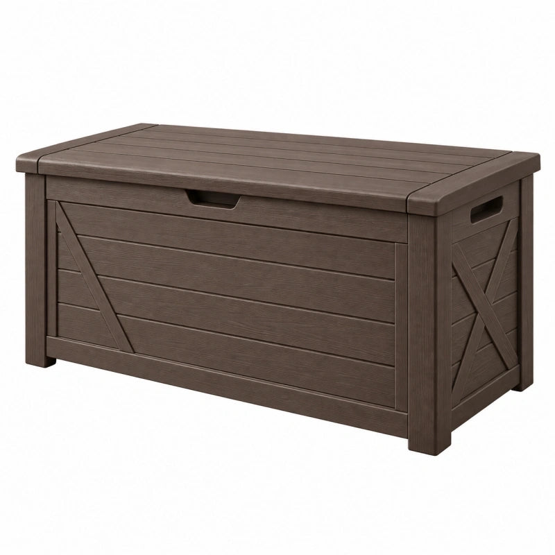 Coffre de rangement extérieur 120 x 60 x 63 cm en résine marron effet bois avec couvercle