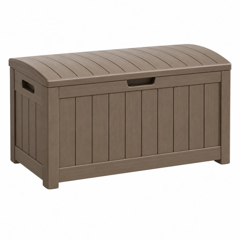 Coffre de rangement extérieur 116 x 55 x 64 cm en résine brun style bois avec couvercle