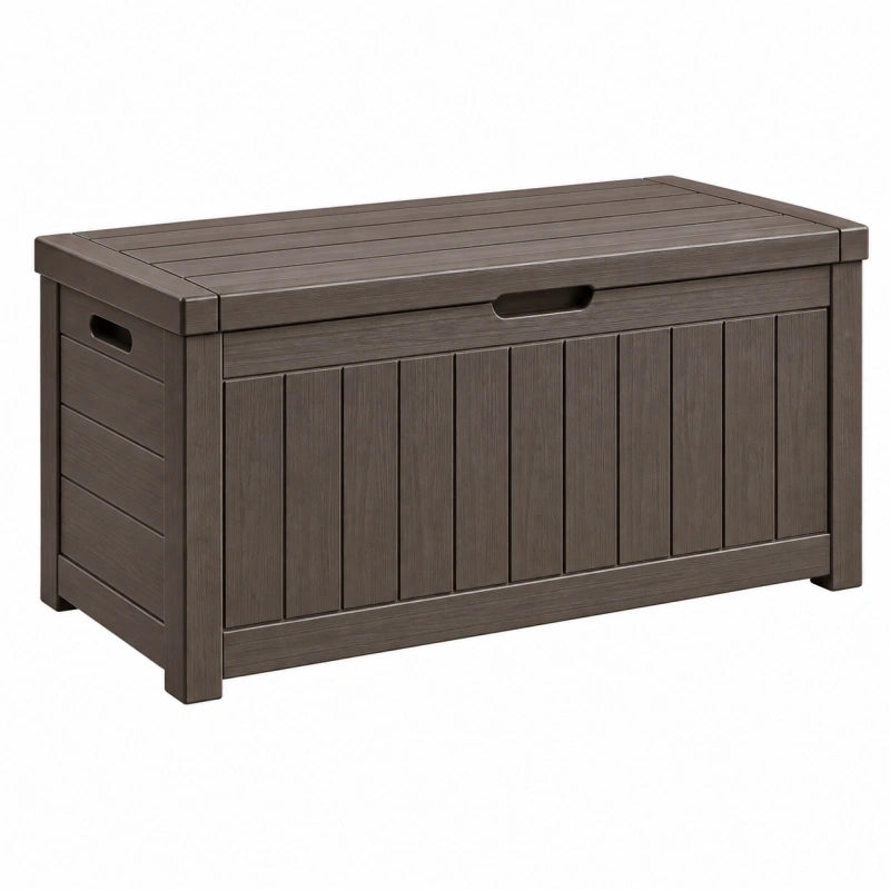Coffre de rangement extérieur 120 x 56 x 63 cm en plastique brun à couvercle style lames