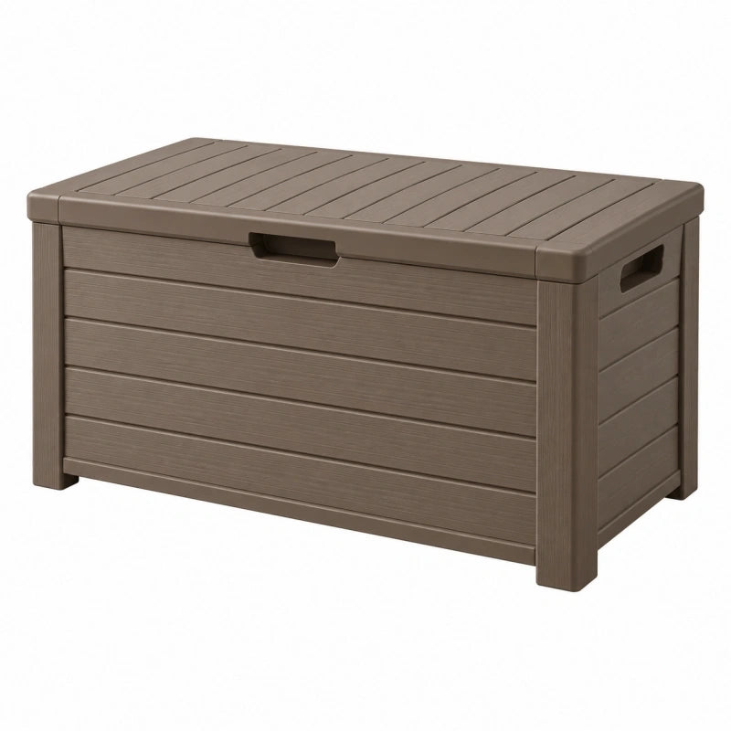 Coffre de rangement extérieur 120 x 56 x 63 cm en plastique taupe résistant à l'eau