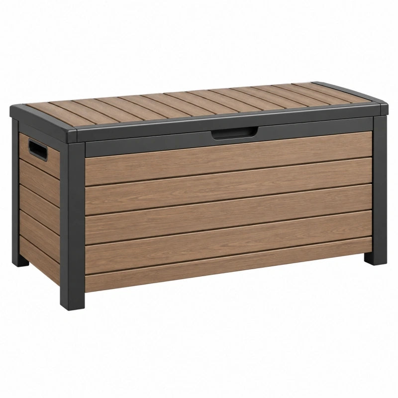 Coffre de rangement extérieur 120 x 56 x 63 cm en résine aspect bois marron anthracite avec couvercle