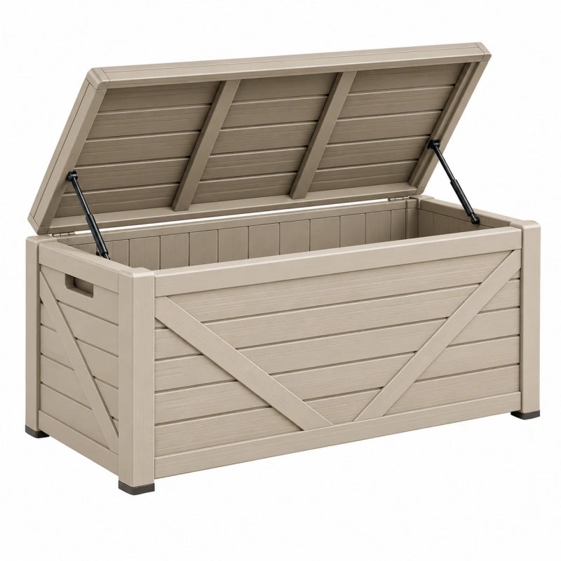 Coffre de rangement extérieur 145 x 70 x 60 cm en résine beige avec couvercle à vérins