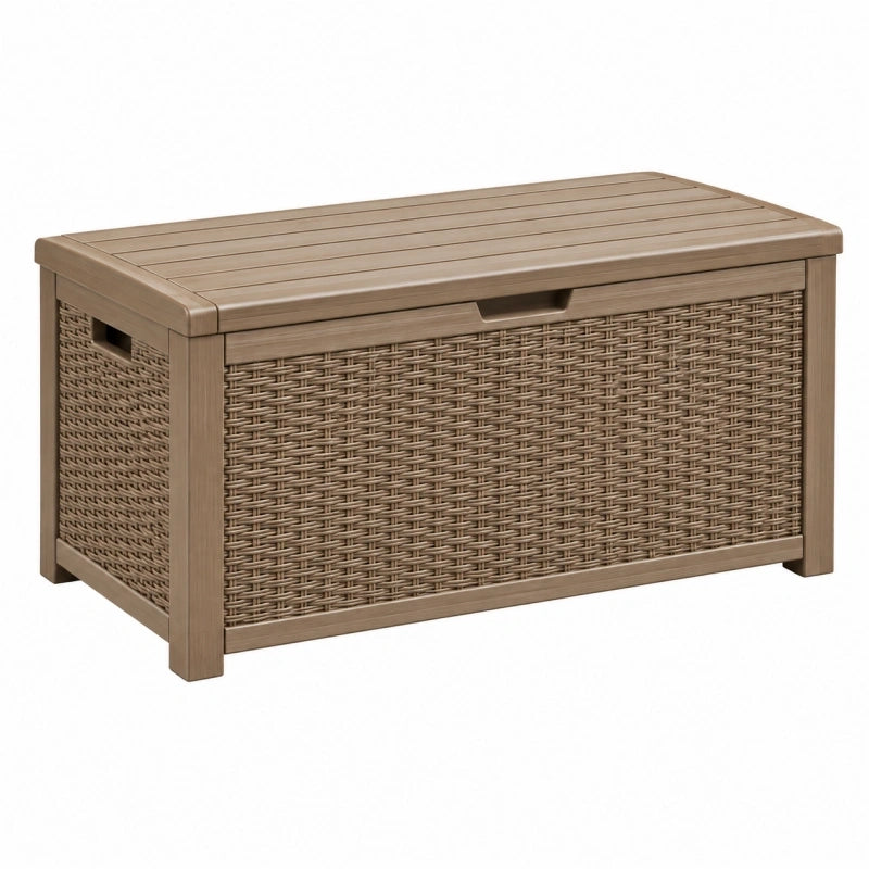 Coffre de rangement extérieur 116 x 54 x 60 cm en résine taupe tressée avec couvercle