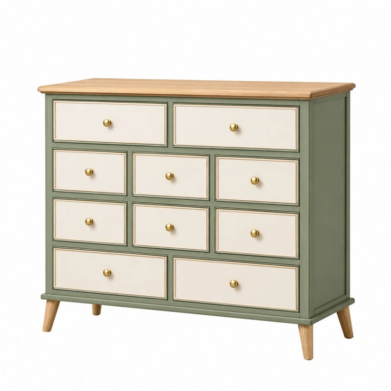 Commode 120 x 40 x 90 cm vert sauge et blanc en bois avec 10 tiroirs style scandinave