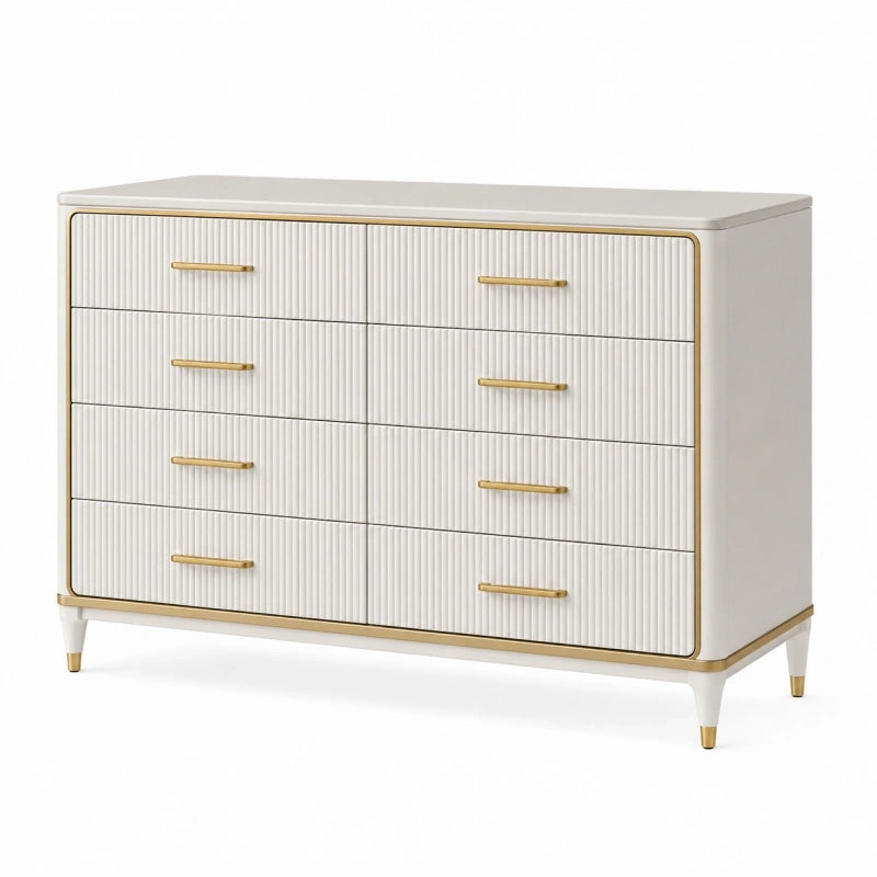 Commode 140 x 45 x 90 cm blanche en bois d'ingénierie style contemporain à 8 tiroirs