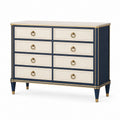 Commode 140 x 45 x 90 cm en panneaux de bois bleu marine et crème à 8 tiroirs style classique