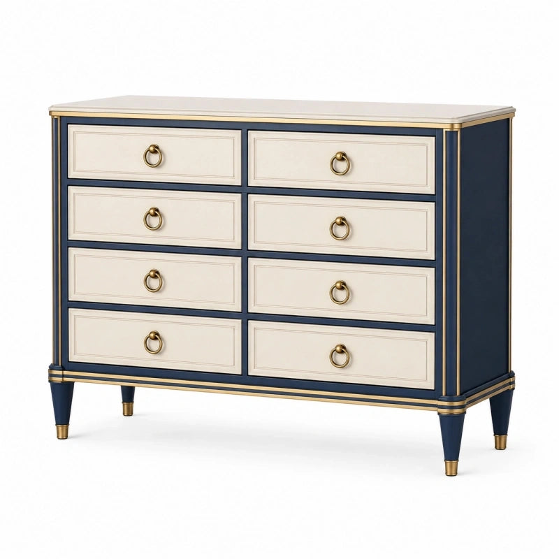 Commode 140 x 45 x 90 cm en panneaux de bois bleu marine et crème à 8 tiroirs style classique