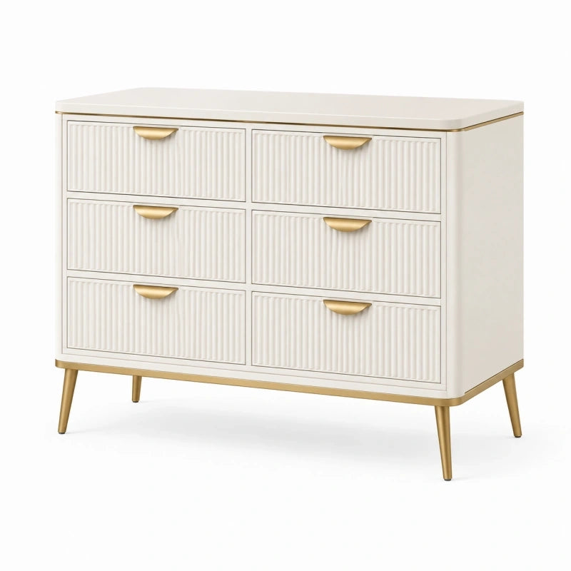 Commode 6 tiroirs 120 x 40 x 80 cm en panneaux de bois blanc et métal doré style contemporain
