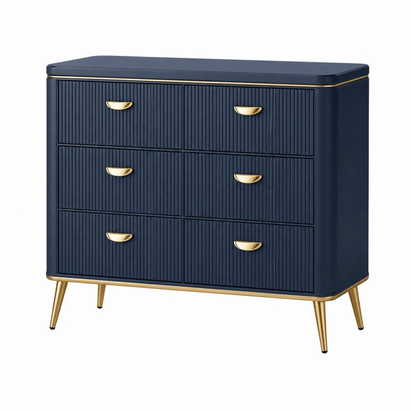 Commode 120 x 40 x 90 cm bleu marine et doré en panneaux de bois à 6 tiroirs style contemporain