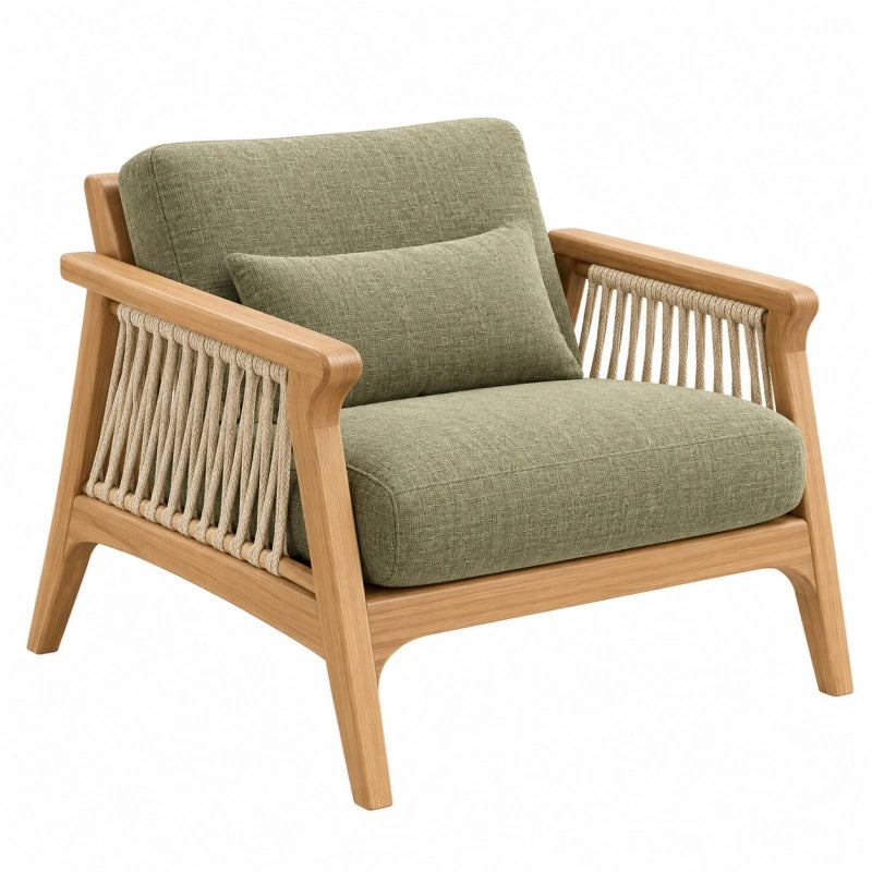 Fauteuil 78 x 75 x 82 cm en bois et tissu vert avec accoudoirs tressés