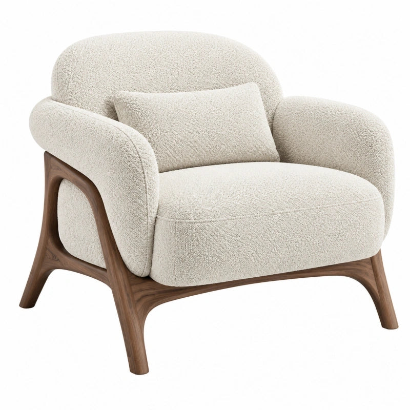 Fauteuil 90 x 85 x 82 cm en tissu bouclette écru avec structure en bois style contemporain