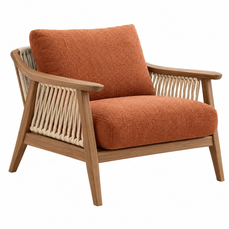 Fauteuil 75 x 80 x 80 cm en bois brun et corde tressée avec assise terracotta style naturel