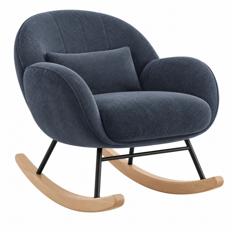 Fauteuil à bascule 82 x 92 x 92 cm en tissu bleu foncé avec structure en métal et patins en bois