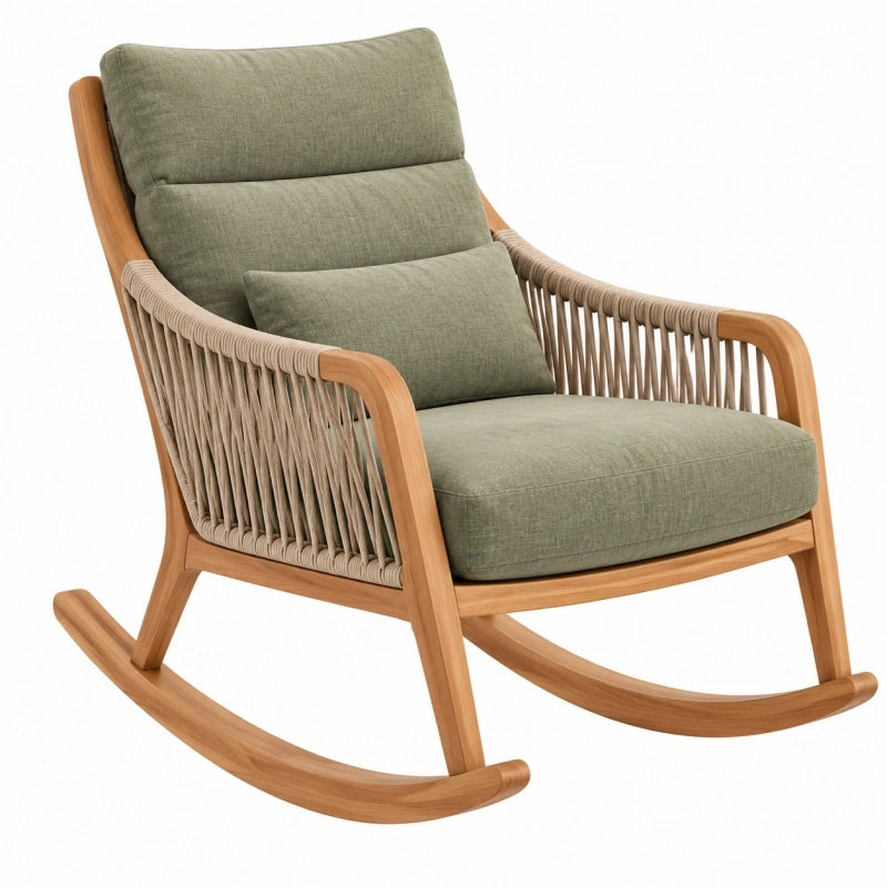 Fauteuil à bascule 90 x 70 x 105 cm en bois brun avec tissu vert et cordage tressé - style naturel