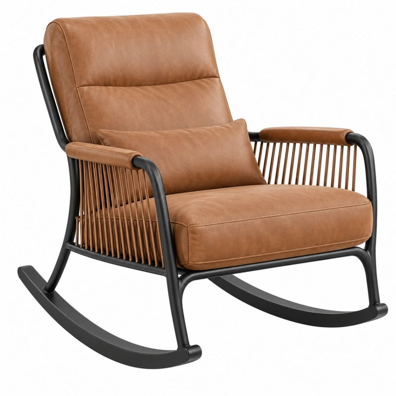 Fauteuil à bascule 75 x 100 x 95 cm aspect cuir marron structure métal noir style industriel