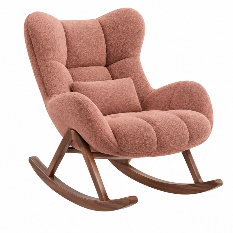 Fauteuil à bascule 102 x 78 x 102 cm en tissu bouclé rose et bois style contemporain