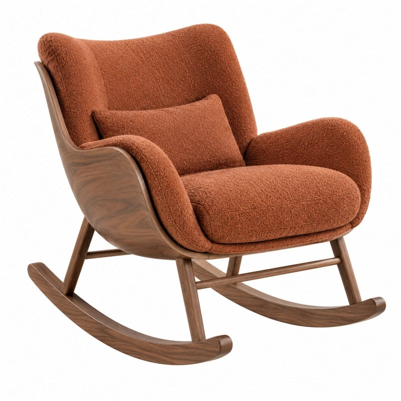 Fauteuil à bascule 75 x 95 x 100 cm en bois marron et tissu bouclette terracotta